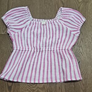 Crewcuts Pink and White Striped Girls Puff-Sleeve Peplum Top
